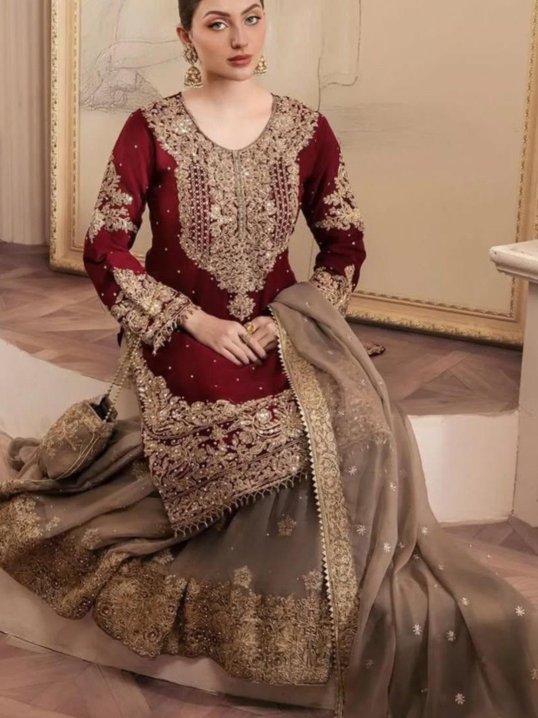 Women's Georgette Embroidery Red Color Kurta Sharara With Dupatta