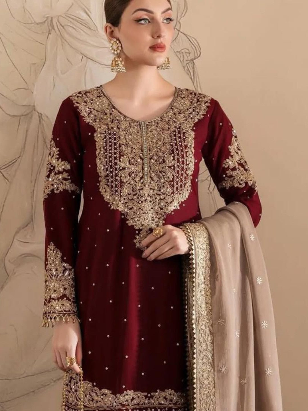 Women's Georgette Embroidery Red Color Kurta Sharara With Dupatta