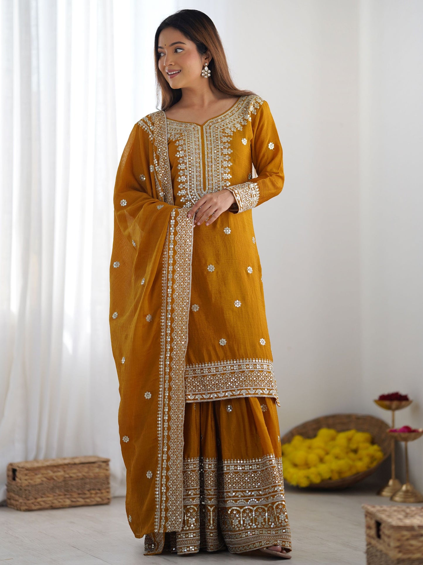 Women's Chinon Silk Embroidery Yellow Color Kurta Sharara With Dupatta
