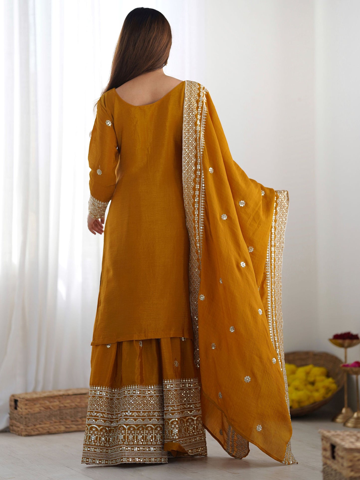 Women's Chinon Silk Embroidery Yellow Color Kurta Sharara With Dupatta