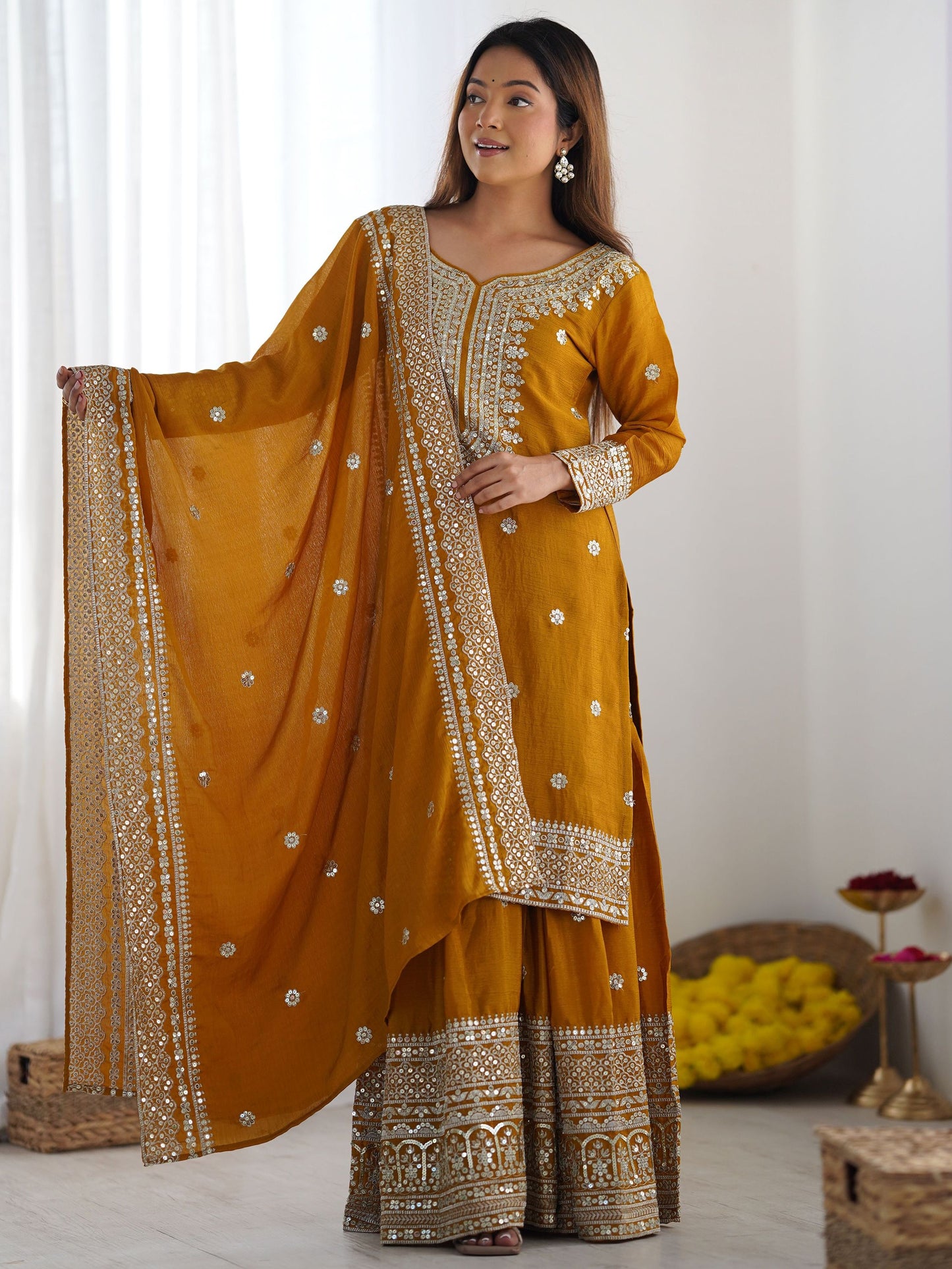 Women's Chinon Silk Embroidery Yellow Color Kurta Sharara With Dupatta