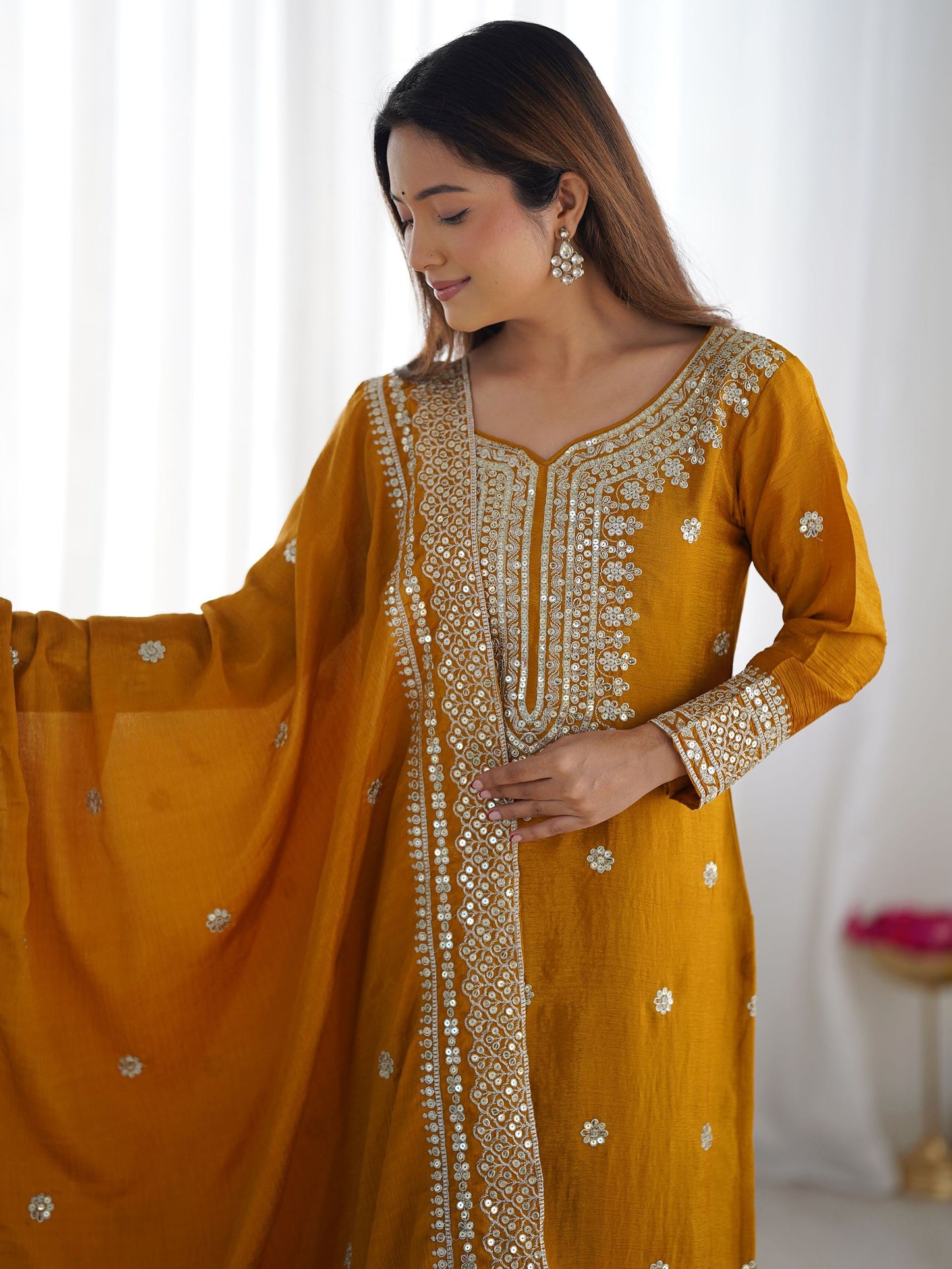 Women's Chinon Silk Embroidery Yellow Color Kurta Sharara With Dupatta