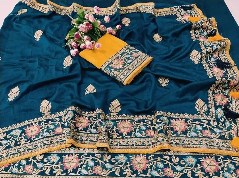 Women's Embroidery Vichitra Silk Blue Color Saree With Unstitch Blouse