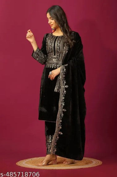 Women's Velvet Embroidery Black Color Kurta Pant With Dupatta