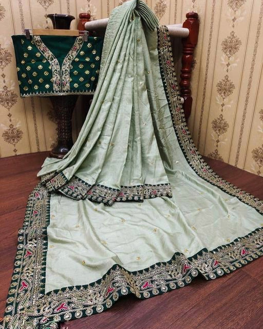 Women's Embroidery Vichitra Silk Green Color Saree With Unstitch Blouse