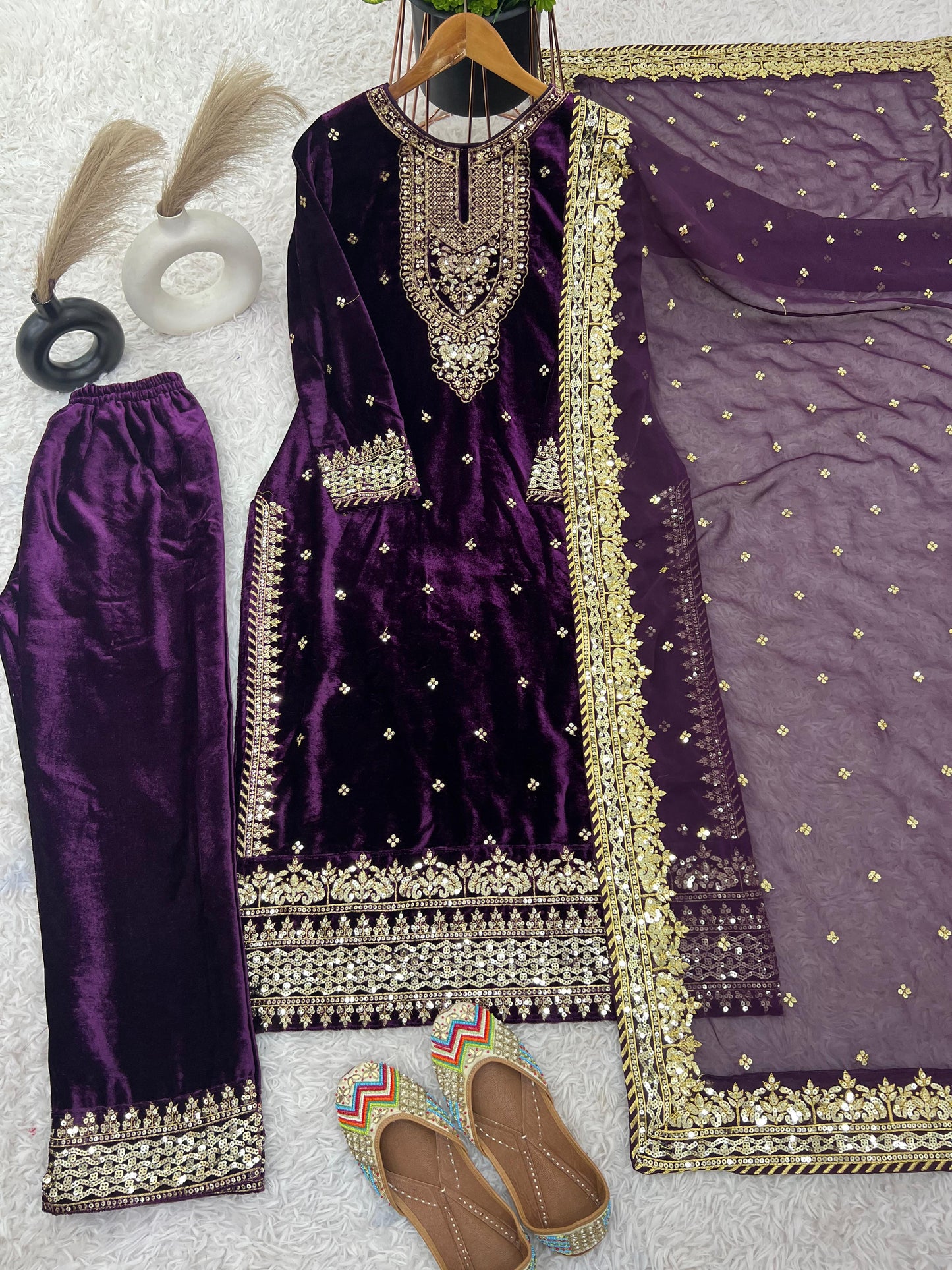 Women's Velvet Embroidery Purple Color Kurta Pant With Dupatta