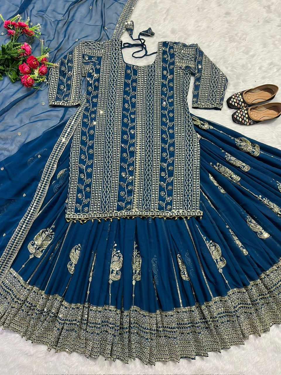 Women's Georgette Embroidery Blue Color Kurta Lahenga With Dupatta