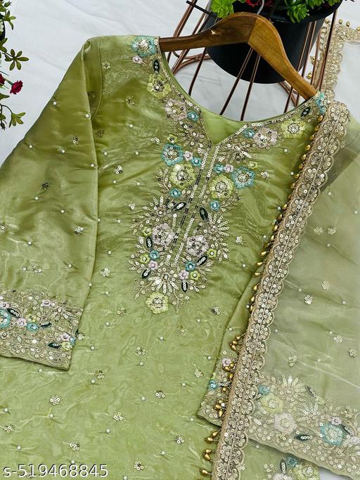 Women's Jimmy Choo Embroidery Pista Color Kurta Pallazo With Dupatta