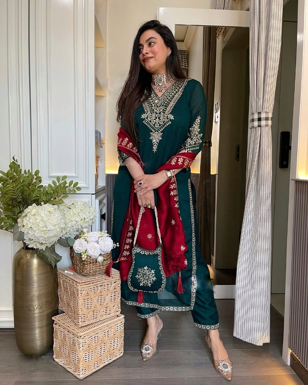 Women's Chinon Silk Embroidery Green Color Kurta Pant With Dupatta