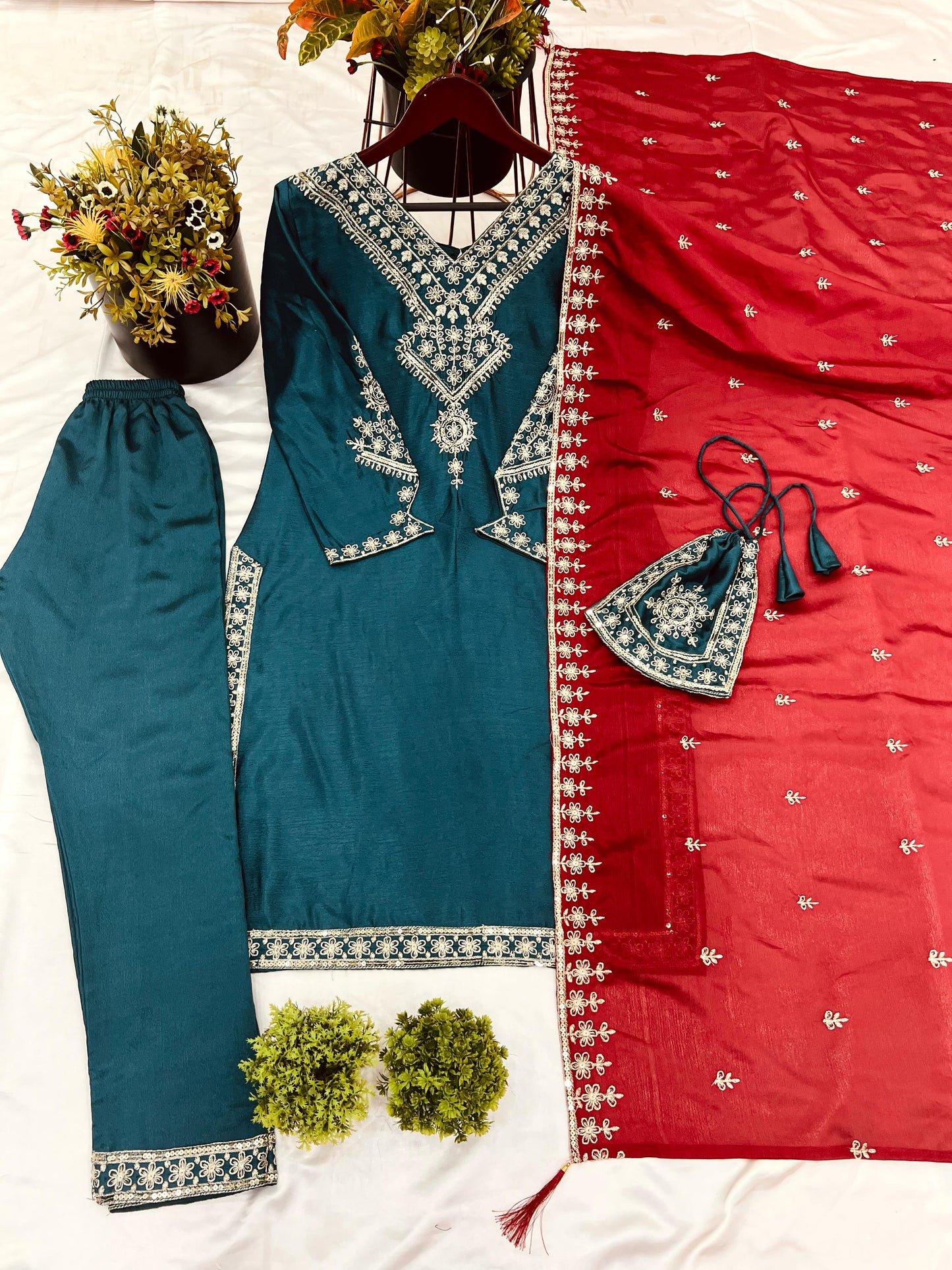 Women's Chinon Silk Embroidery Green Color Kurta Pant With Dupatta