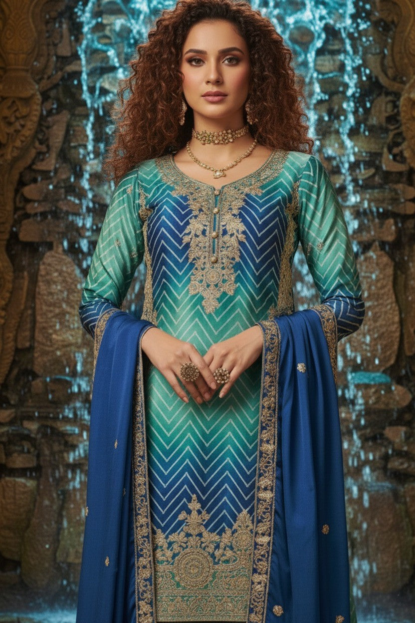 Women's Chinon Silk Embroidery Blue Color Kurta Sharara With Dupatta