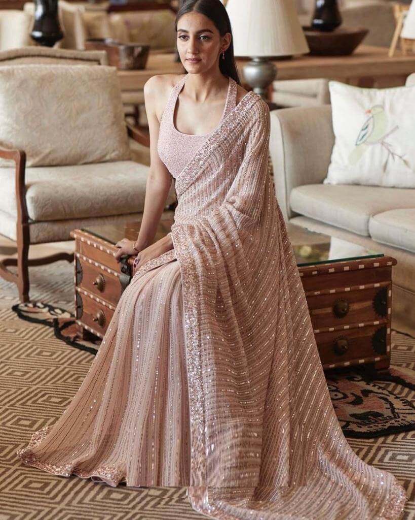 Women's Embroidery Georgette Peach Color Saree With Unstitch Blouse