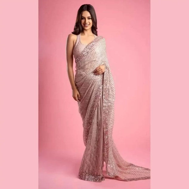 Women's Embroidery Georgette Peach Color Saree With Unstitch Blouse