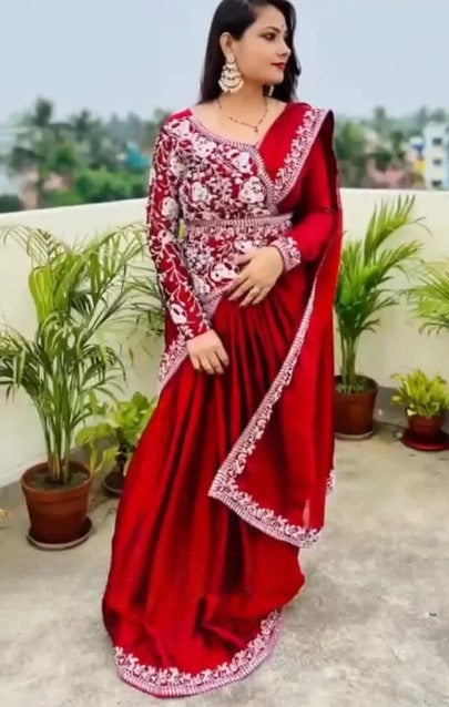 Women's Embroidery Georgette Red Color Saree With Unstitch Blouse