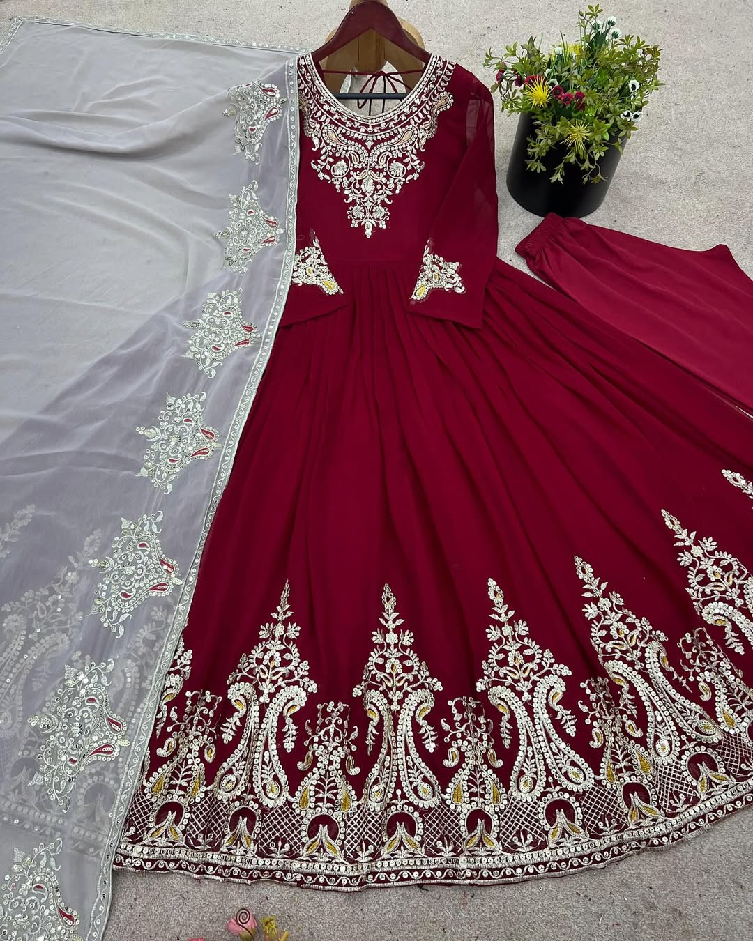 Women's Georgette Embroidery Maroon Color Anarkali Kurta Pant With Dupatta