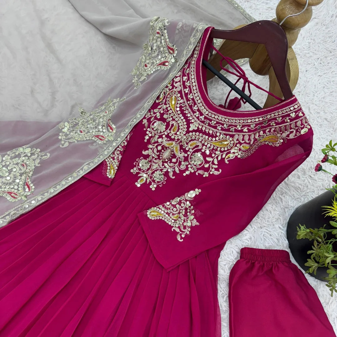 Women's Georgette Embroidery Pink Color Anarkali Kurta Pant With Dupatta