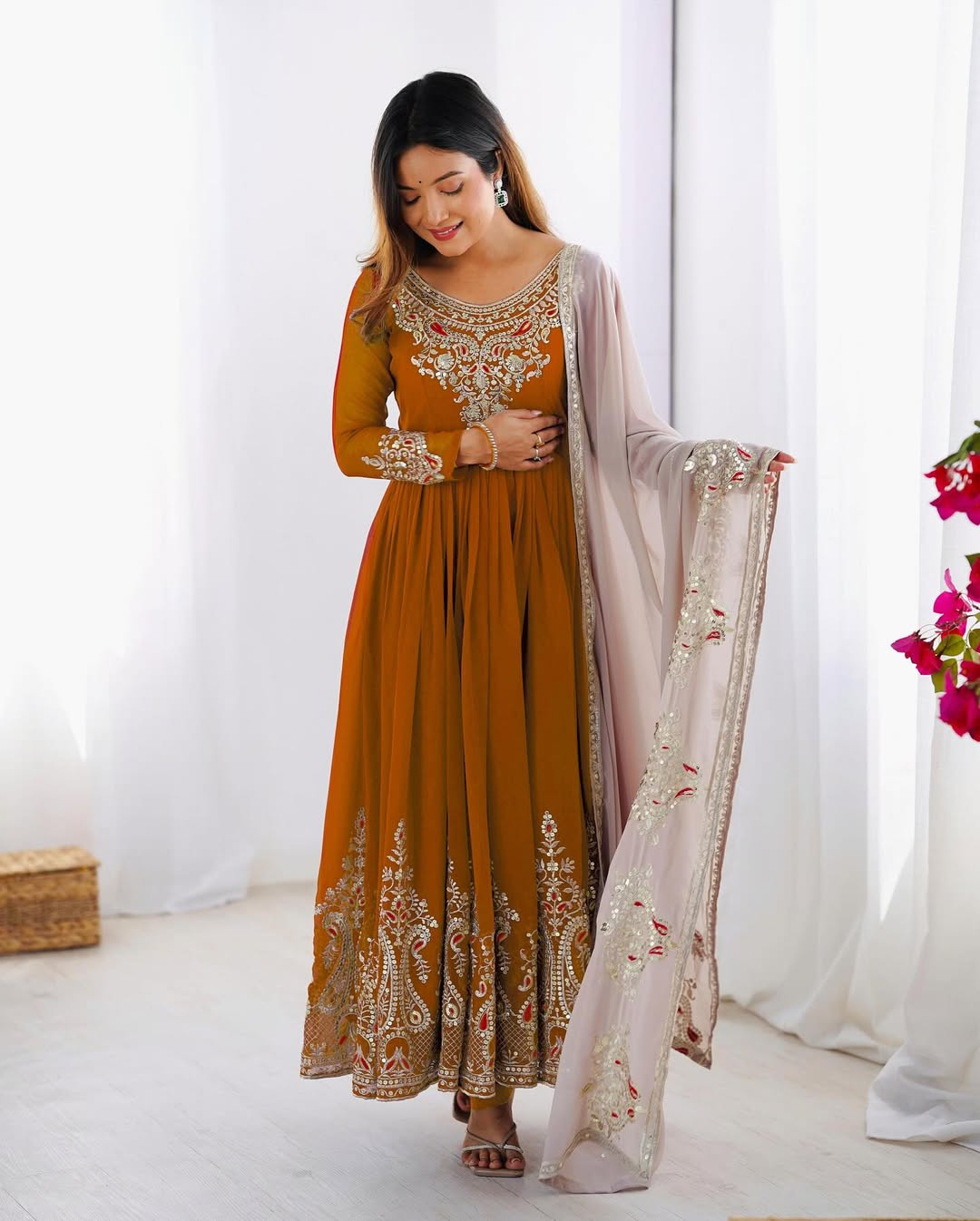 Women's Georgette Embroidery Yellow Color Anarkali Kurta Pant With Dupatta