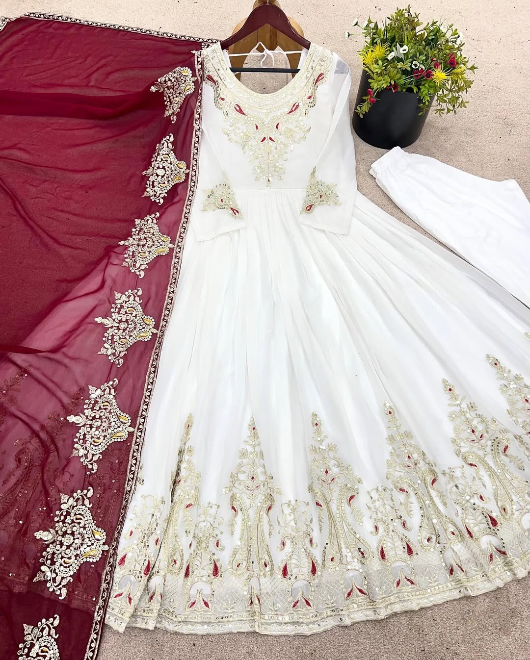 Women's Georgette Embroidery White Color Anarkali Kurta Pant With Dupatta