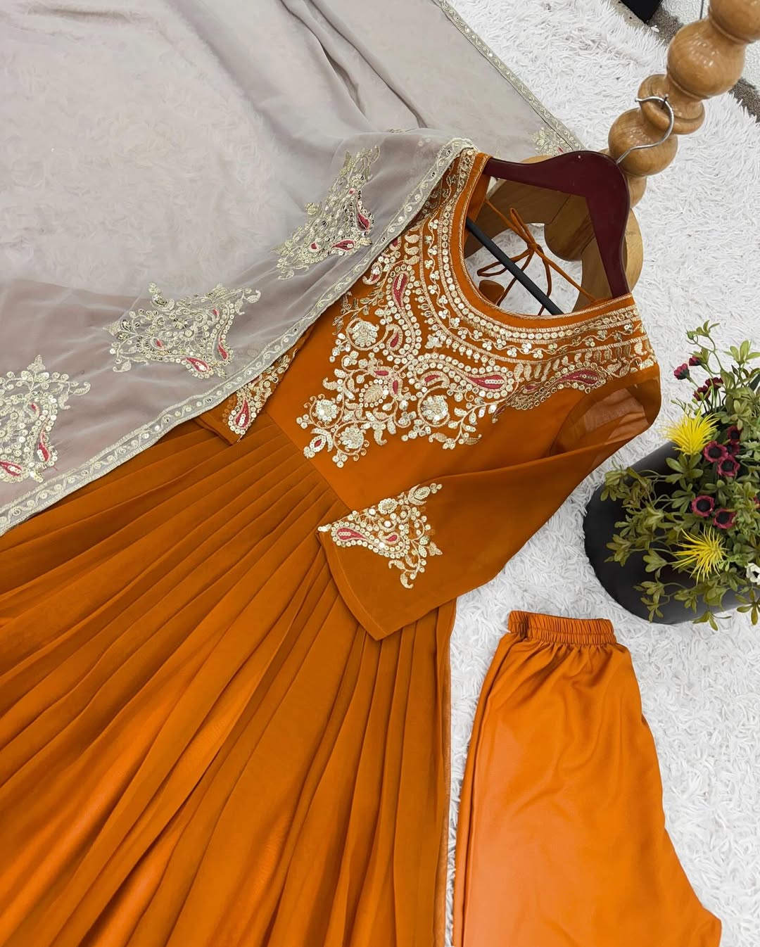 Women's Georgette Embroidery Yellow Color Anarkali Kurta Pant With Dupatta