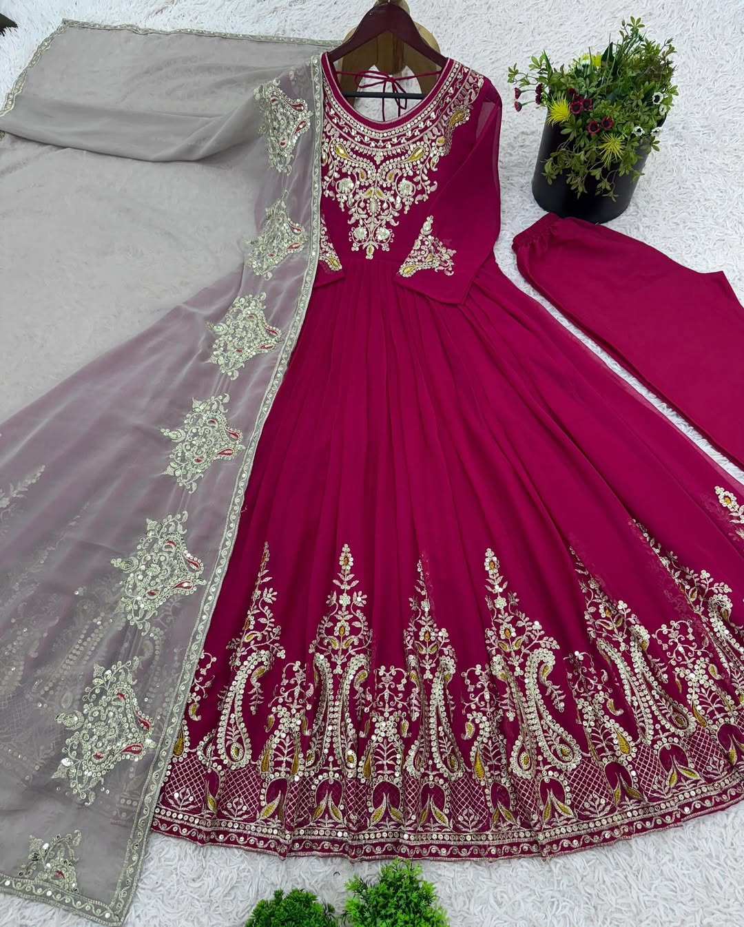 Women's Georgette Embroidery Pink Color Anarkali Kurta Pant With Dupatta