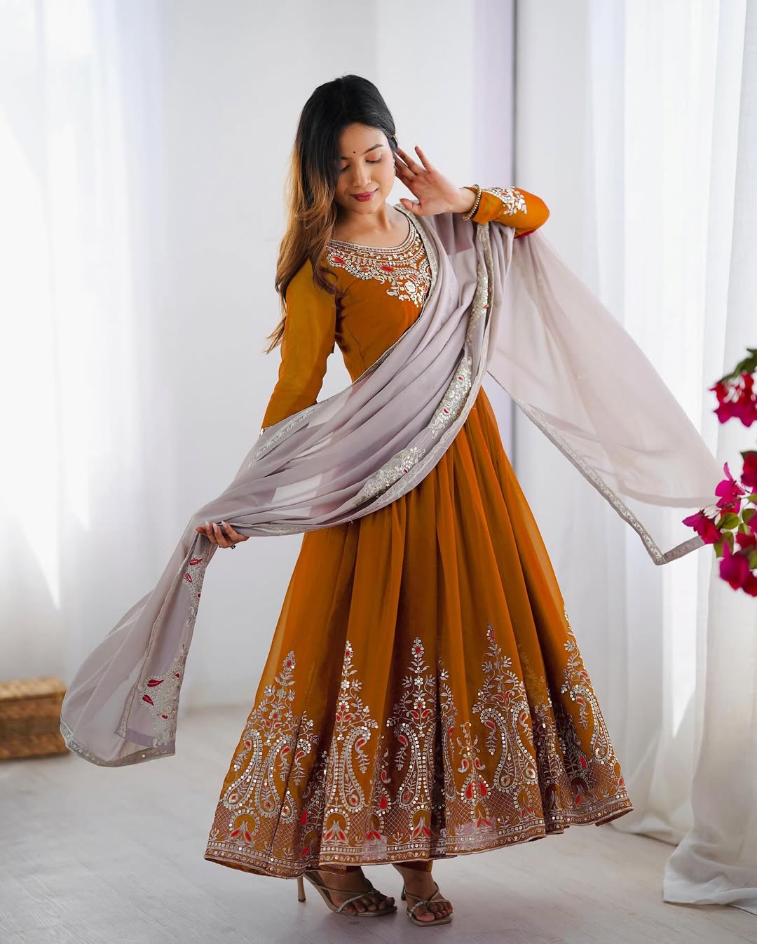 Women's Georgette Embroidery Yellow Color Anarkali Kurta Pant With Dupatta