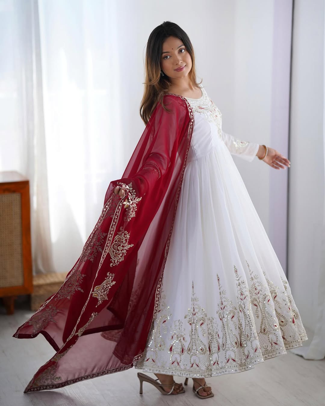 Women's Georgette Embroidery White Color Anarkali Kurta Pant With Dupatta