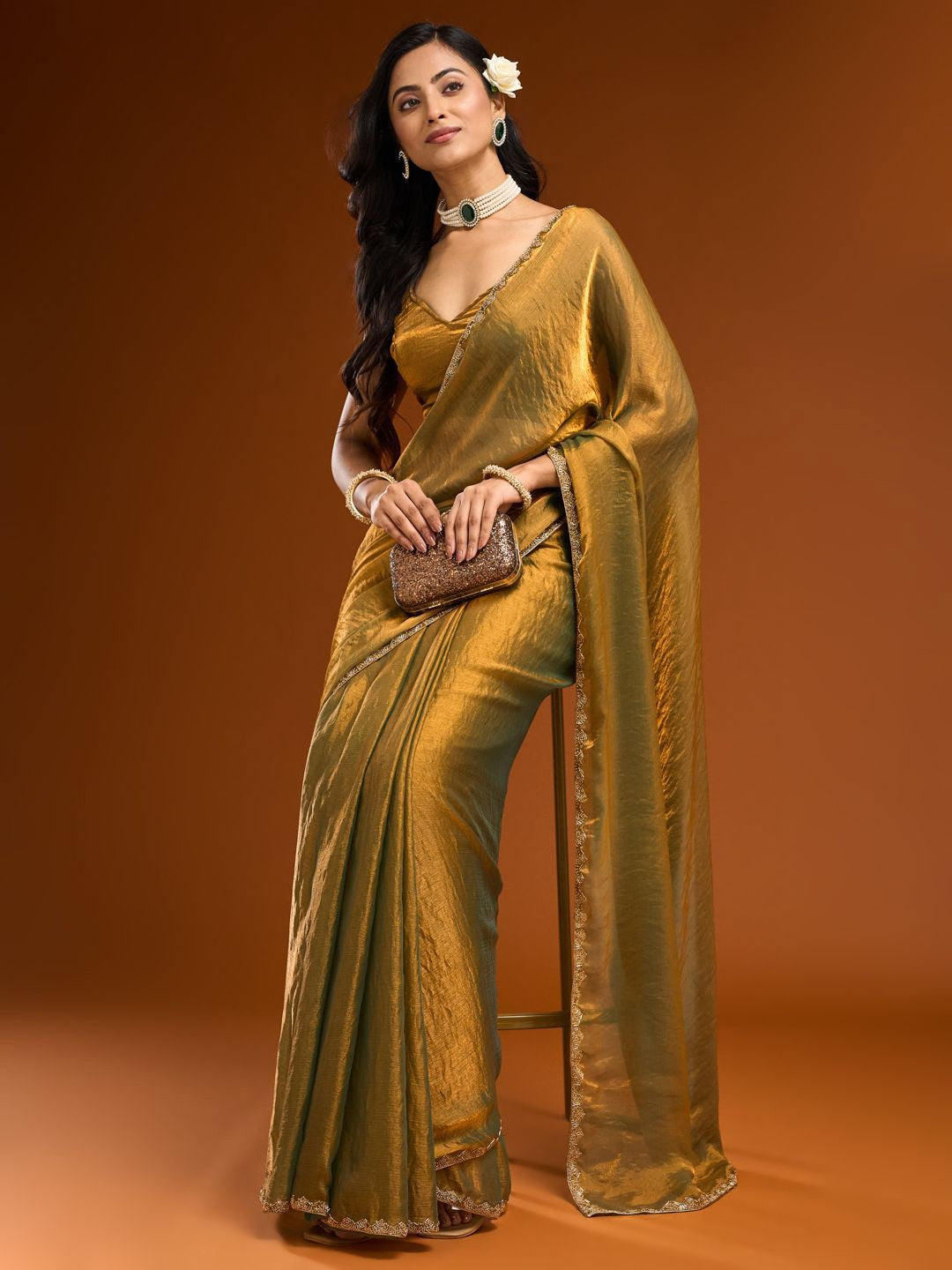 Women's Solid Rich Chiffon Gold Color Lace Work Saree With Unstitch Blouse