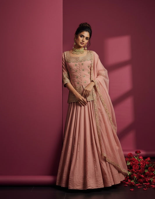 Women Designer Simmer Silk Peach Color Lehenga Choti With Dupatta