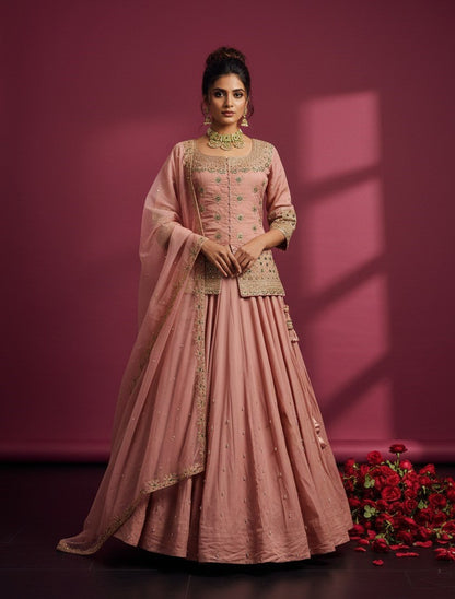 Women Designer Simmer Silk Peach Color Lehenga Choti With Dupatta