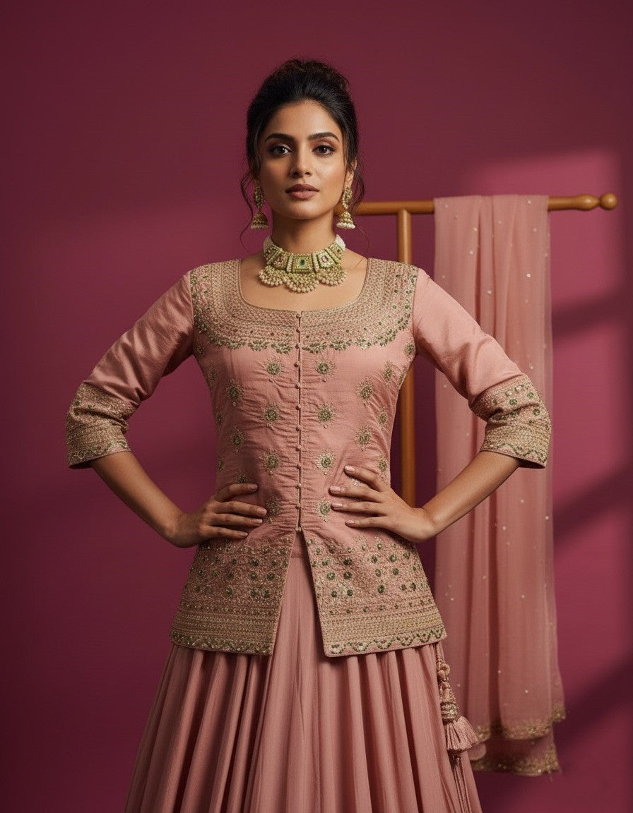 Women Designer Simmer Silk Peach Color Lehenga Choti With Dupatta