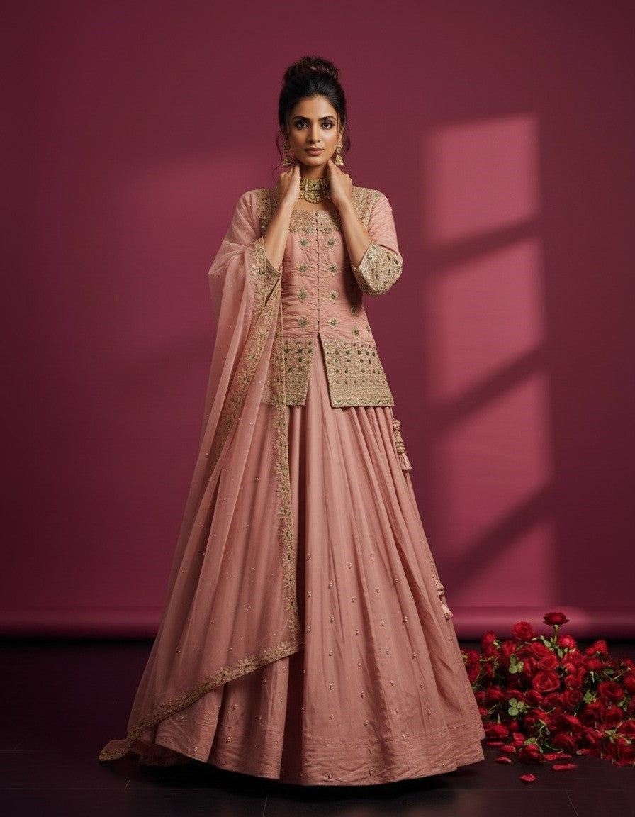 Women Designer Simmer Silk Peach Color Lehenga Choti With Dupatta
