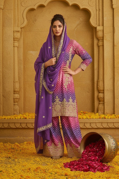 Women's Designer Chinon Silk Pink-Purple Color Embroidery Straight Kurta Sharara with Dupatta Set
