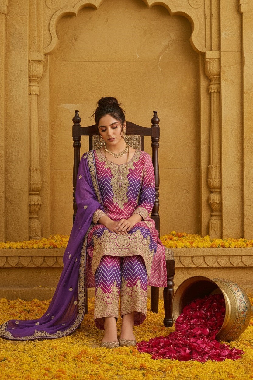 Women's Designer Chinon Silk Pink-Purple Color Embroidery Straight Kurta Sharara with Dupatta Set