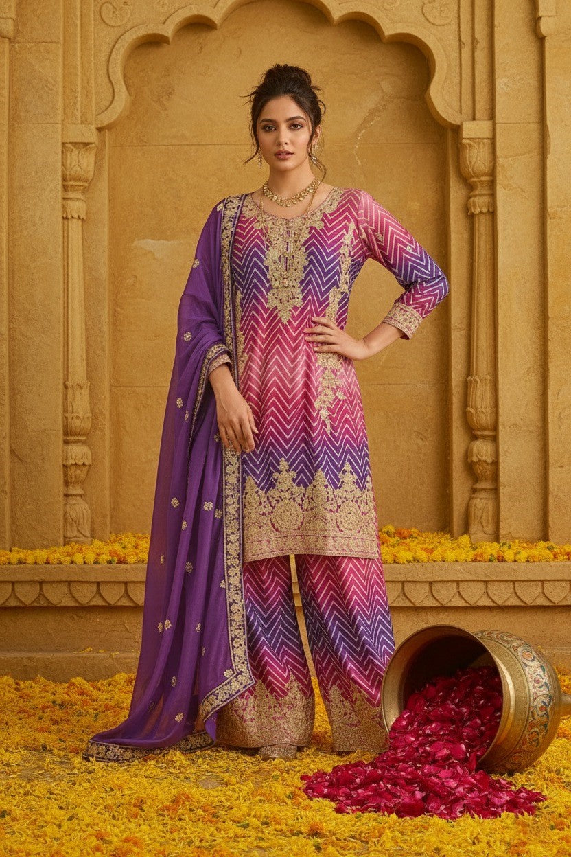 Women's Designer Chinon Silk Pink-Purple Color Embroidery Straight Kurta Sharara with Dupatta Set