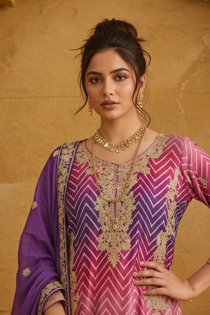 Women's Designer Chinon Silk Pink-Purple Color Embroidery Straight Kurta Sharara with Dupatta Set