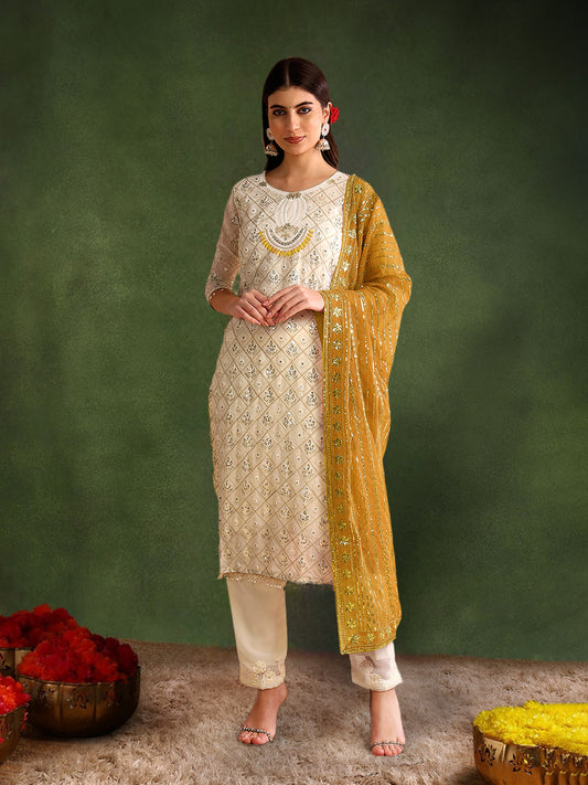 Women's Georgette Embroidery Yellow Color Kurta Pant With Dupatta