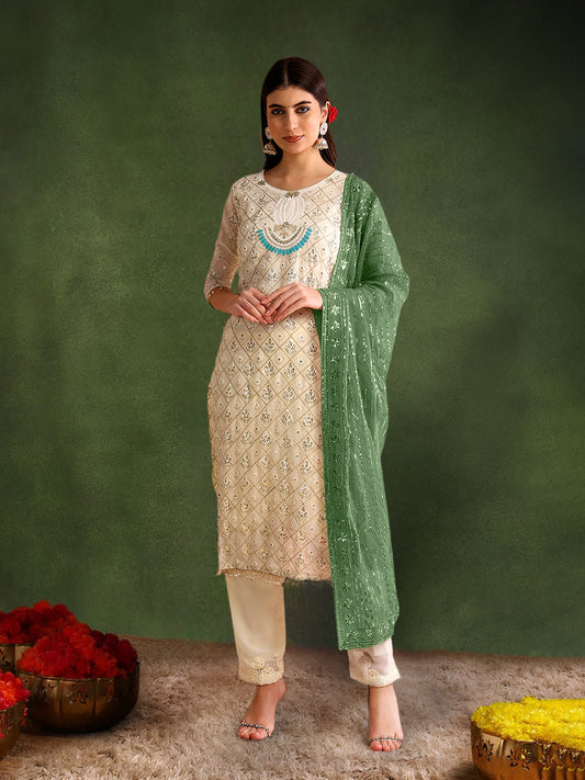 Women's Georgette Embroidery Green Color Kurta Pant With Dupatta