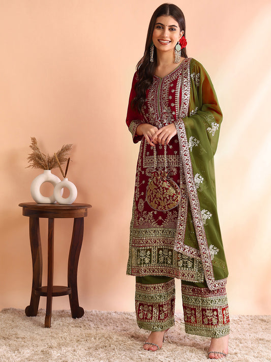 Women's Georgette Embroidery Pink Color Kurta Palazzo With Dupatta