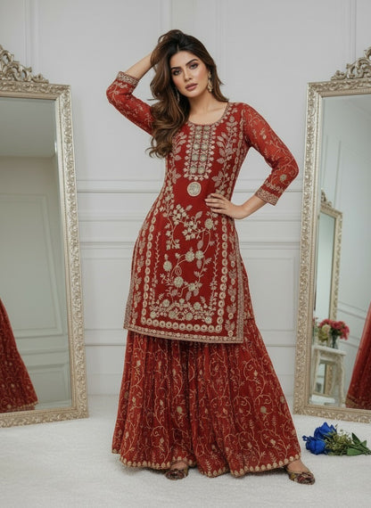 Women's Georgette Embroidery Orange Color Kurta Sharara With Dupatta