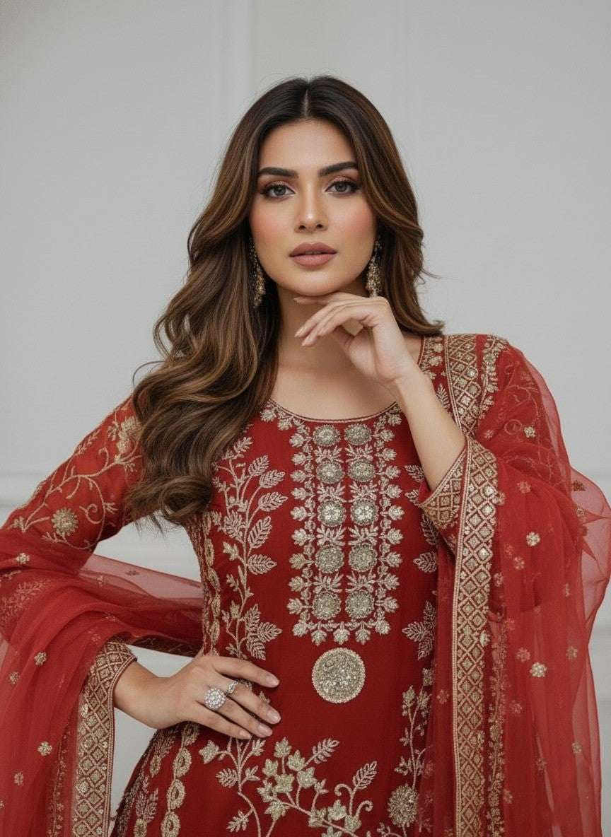 Women's Georgette Embroidery Orange Color Kurta Sharara With Dupatta