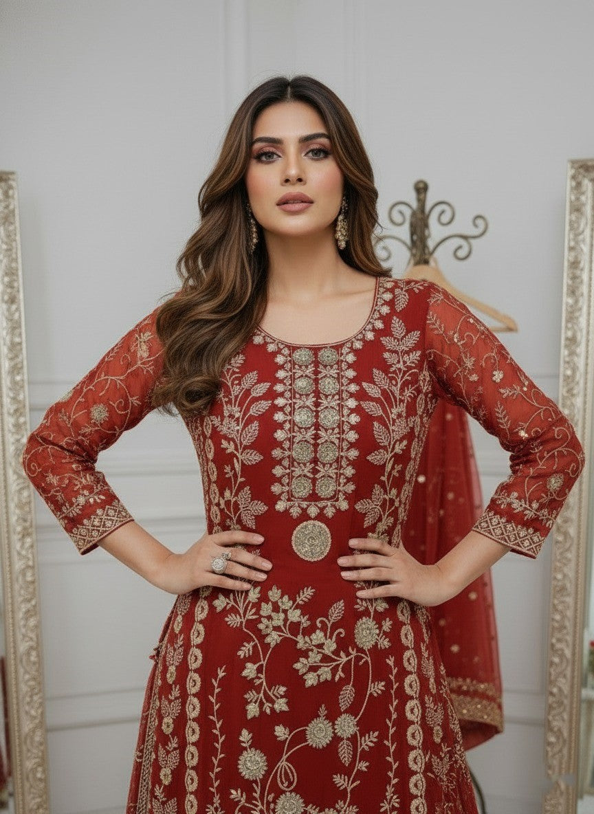 Women's Georgette Embroidery Orange Color Kurta Sharara With Dupatta