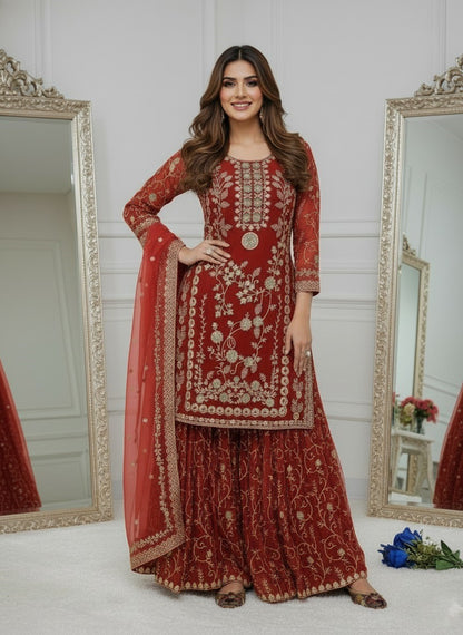 Women's Georgette Embroidery Orange Color Kurta Sharara With Dupatta