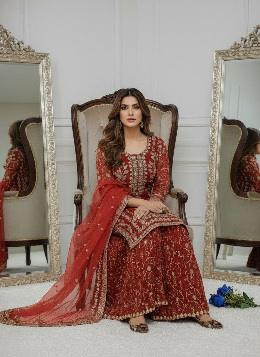 Women's Georgette Embroidery Orange Color Kurta Sharara With Dupatta