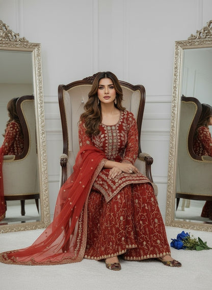 Women's Georgette Embroidery Orange Color Kurta Sharara With Dupatta