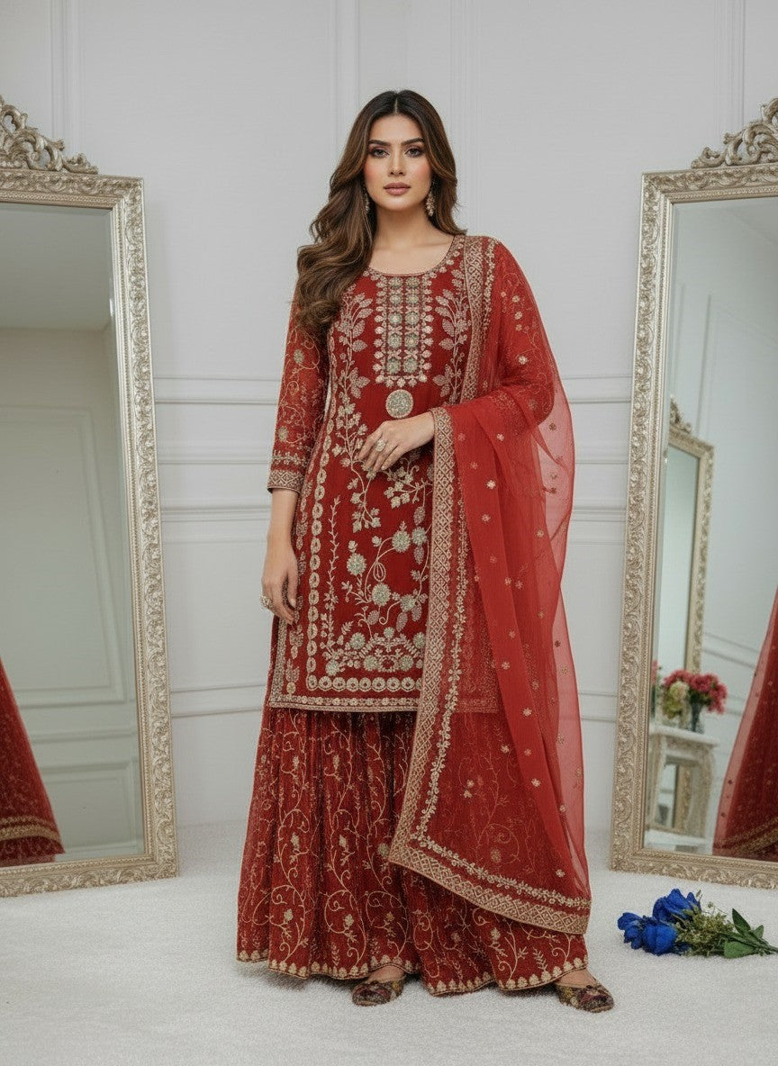 Women's Georgette Embroidery Orange Color Kurta Sharara With Dupatta