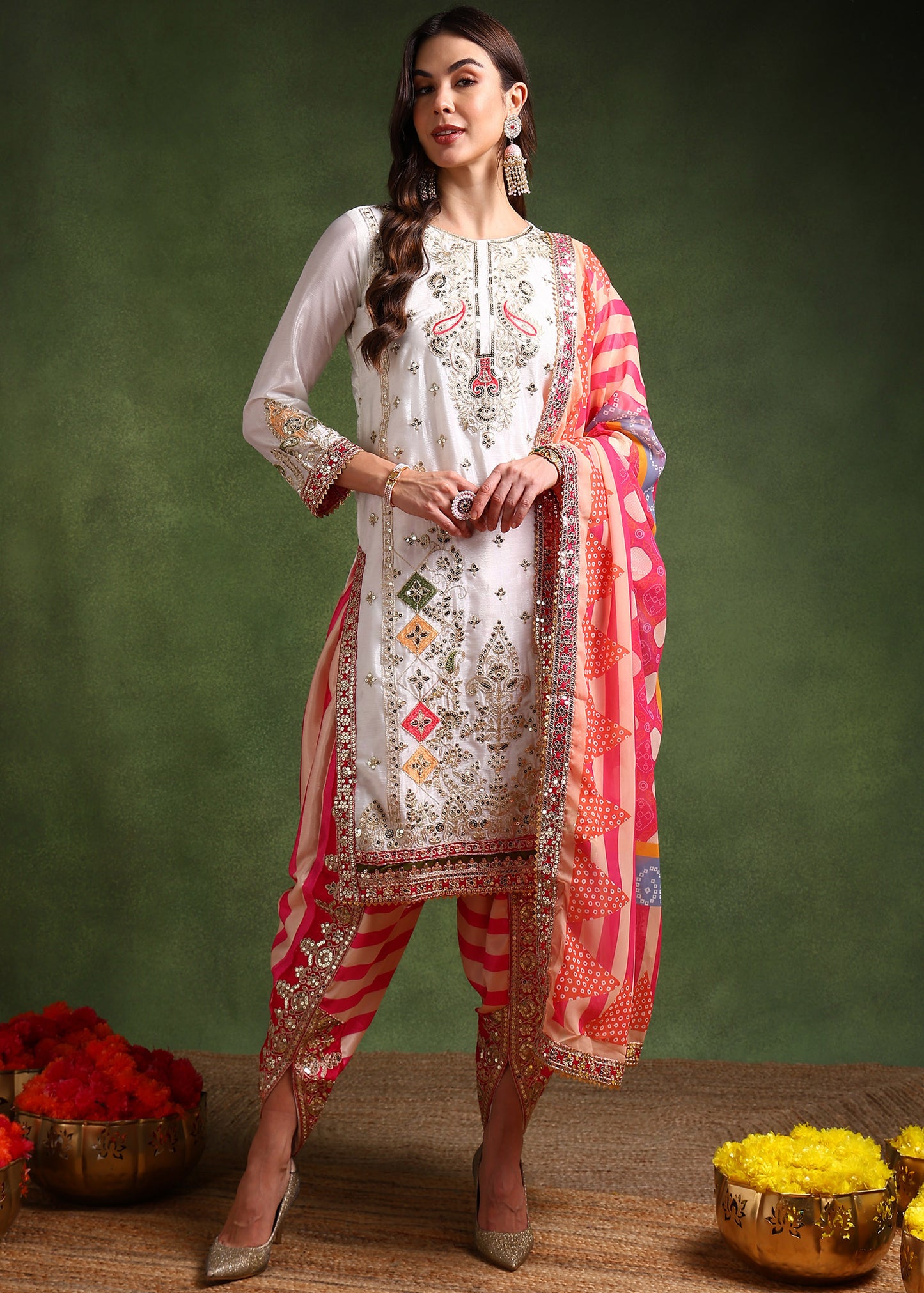 Women's Chinon Silk Embroidery White Color Kurta Dhoti Pant With Dupatta