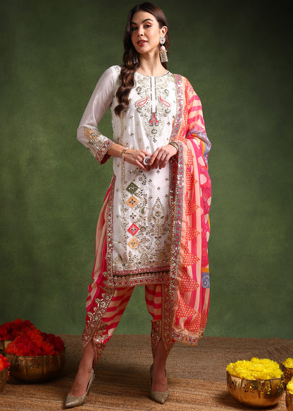 Women's Chinon Silk Embroidery White Color Kurta Dhoti Pant With Dupatta