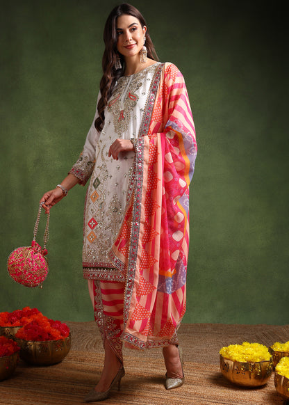 Women's Chinon Silk Embroidery White Color Kurta Dhoti Pant With Dupatta