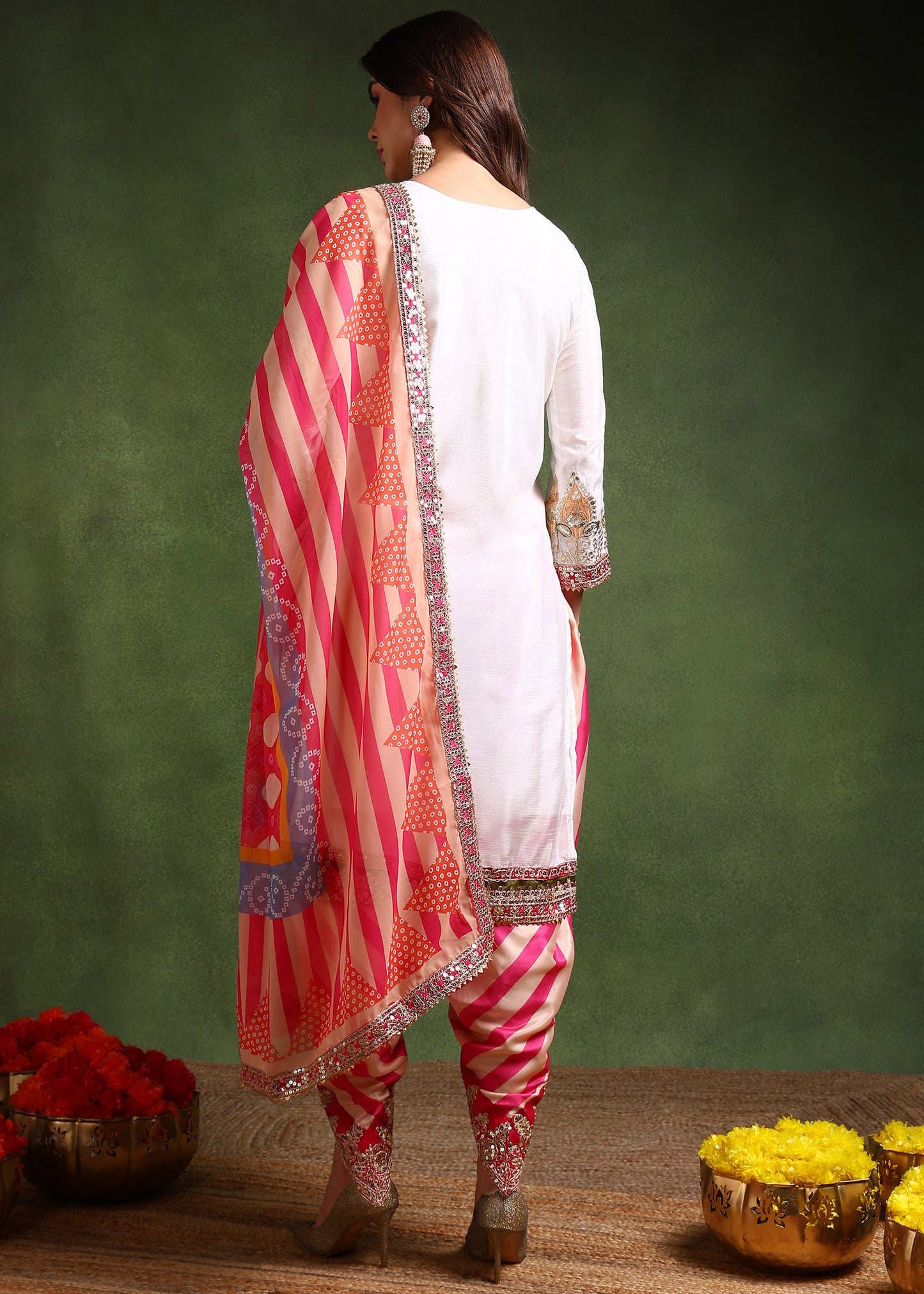 Women's Chinon Silk Embroidery White Color Kurta Dhoti Pant With Dupatta