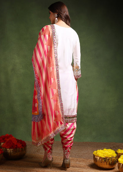 Women's Chinon Silk Embroidery White Color Kurta Dhoti Pant With Dupatta